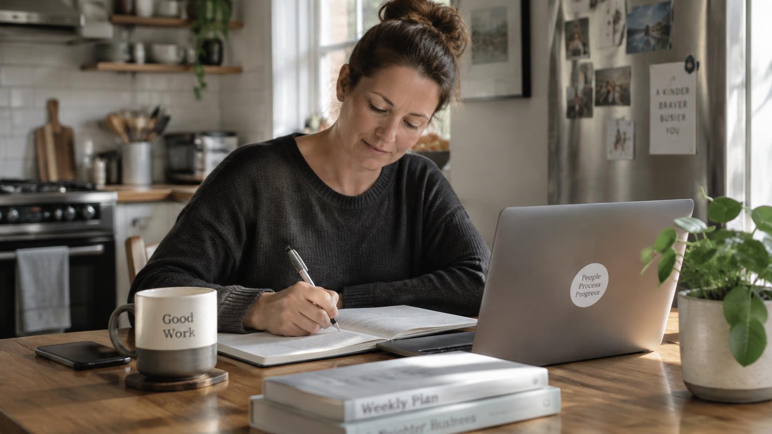 A service business owner planning her week at the kitchen table
